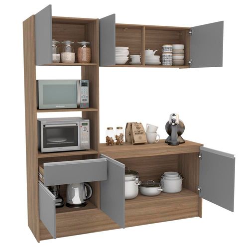 Cozinha Compacta Politorno Mov Evora MDP com 6 portas, 1 Gaveta e 1 Prateleira - 182cm de largura Castanho e Cinza