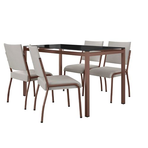 Mesa de Jantar Retangular Fabone Alexa com Tampo de Vidro de 140X80cm com 4 Cadeiras de Jantar Fabone Dora Revestimento em Courino Preto