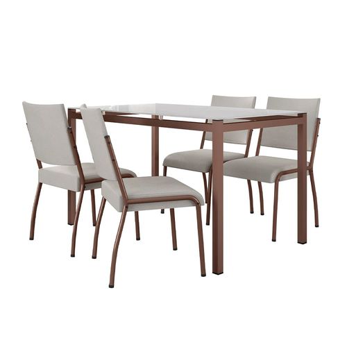 Mesa de Jantar Retangular Fabone Alexa com Tampo de Vidro de 140X80cm com 4 Cadeiras de Jantar Fabone Dora Revestimento em Courino Off White