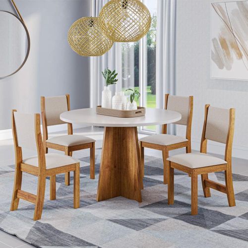 Mesa de Jantar Redonda Viero Província com 4 Cadeiras Estofadas Mel, Blonde e Bronze