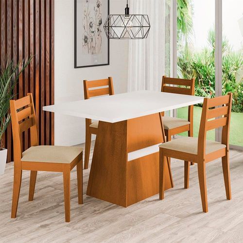 Mesa de Jantar Retangular Dobuê Dakar com 4 Cadeiras Estofadas Revestidas em Suede Cinamomo, Branco e Bege