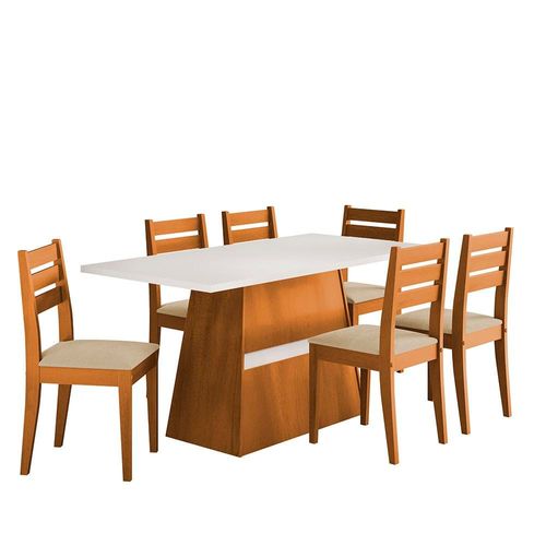 Mesa de Jantar Retangular Dobue Dakar com 6 cadeiras estofadas – 80cm de largura Cinamomo, Branco e Bege