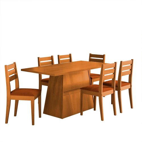 Mesa de Jantar Retangular Dobue Dakar com 6 cadeiras estofadas – 80cm de largura Cinamomo e Terracota
