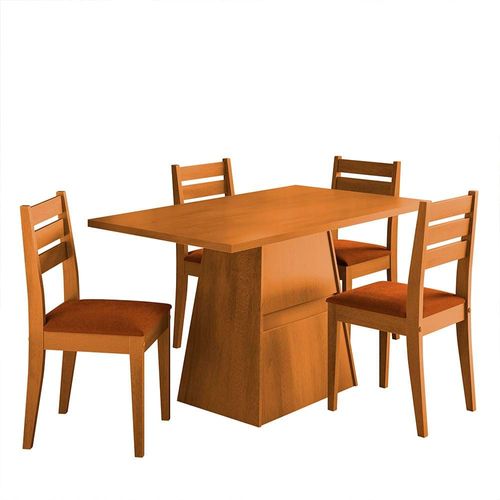 Mesa de Jantar Retangular Dobuê Dakar com 4 Cadeiras Estofadas Revestidas em Suede Cinamomo e Terracota