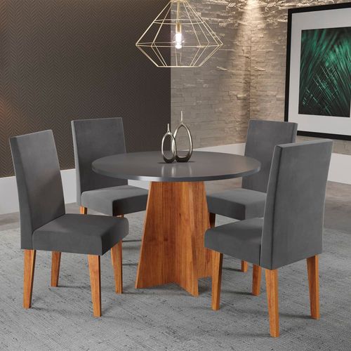 Mesa de Jantar Redonda Viero Criative com 4 Cadeiras Vênus Estofadas e Revestidas Mel, Cinza e Grafite