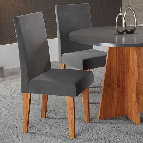 Mesa de Jantar Redonda Viero Criative com 4 Cadeiras Vênus Estofadas e Revestidas Mel, Cinza e Grafite