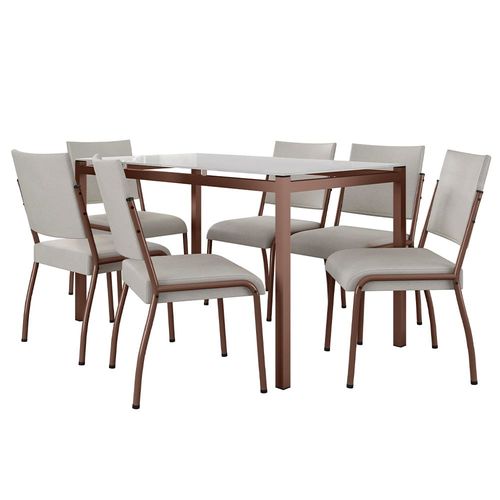 Mesa de Jantar Retangular Fabone Alexa Tampo de Vidro 140x80cm com 6 Cadeiras Dora Revestidas em Courino Off White