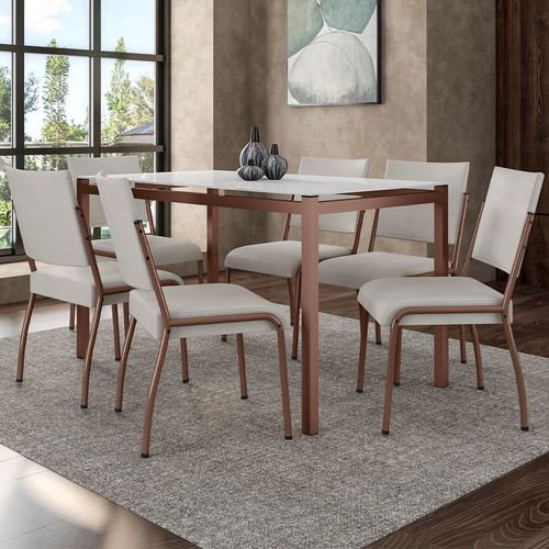 Mesa de Jantar Retangular Fabone Alexa Tampo de Vidro 140x80cm com 6 Cadeiras Dora Revestidas em Courino Off White