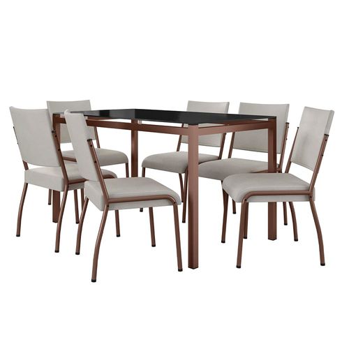 Mesa de Jantar Retangular Fabone Alexa Tampo de Vidro 140x80cm com 6 Cadeiras Dora Revestidas em Courino Preto