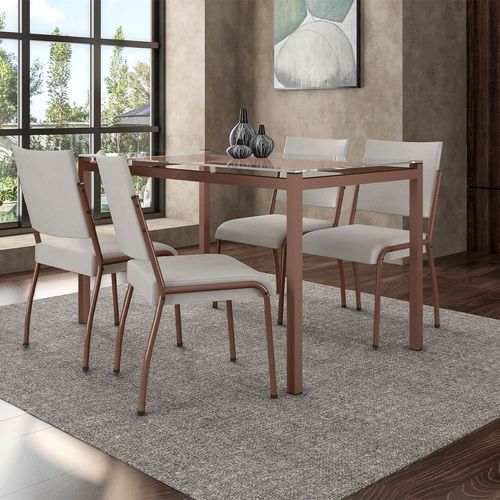 Mesa de Jantar Retangular Fabone Alexa com Tampo de Vidro de 140X80cm com 4 Cadeiras de Jantar Fabone Dora Revestimento em Courino Incolor