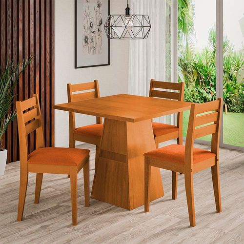 Mesa de Jantar Quadrada Dobuê Dakar com 4 Cadeiras Estofadas Revestidas em Suede Cinamomo e Terracota