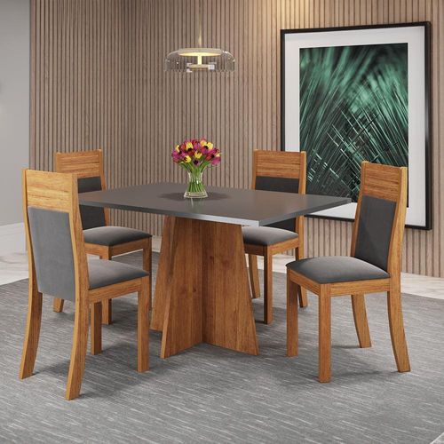 Mesa de Jantar Retangular Viero Vivere com 4 Cadeiras Roma Estofadas e Revestidas Mel, Cinza e Grafite