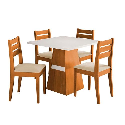 Mesa de Jantar Quadrada Dobuê Dakar com 4 Cadeiras Estofadas Revestidas em Suede Cinamomo, Branco e Bege