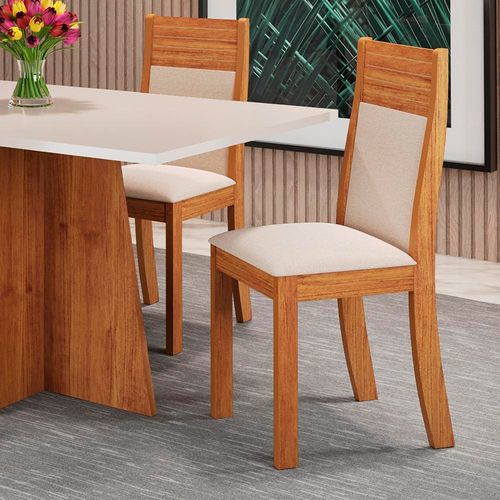 Mesa de Jantar Retangular Viero Vivere com 4 Cadeiras Roma Estofadas e Revestidas Mel, Blonde e Bronze