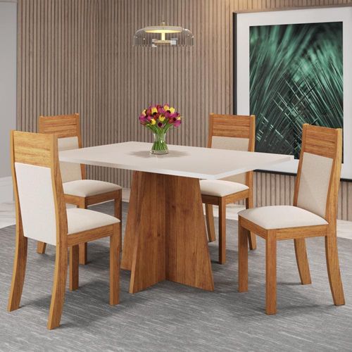 Mesa de Jantar Retangular Viero Vivere com 4 Cadeiras Roma Estofadas e Revestidas Mel, Blonde e Bronze