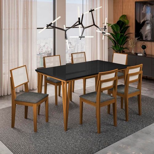 Conjunto de Mesa Dobue Safira com 6 Cadeiras - 180 cm Imbuia, Preto e Cinza