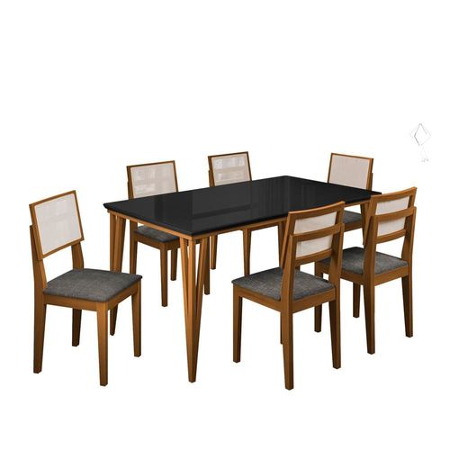 Conjunto de Mesa Dobue Safira com 6 Cadeiras - 180 cm Imbuia, Preto e Cinza