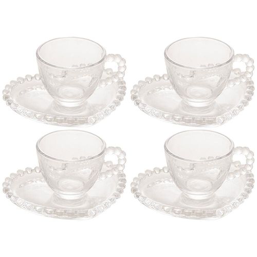 Conjunto com 4 Xícaras e Pires para Café Wolff Pearl Coração em Cristal - 85 ml