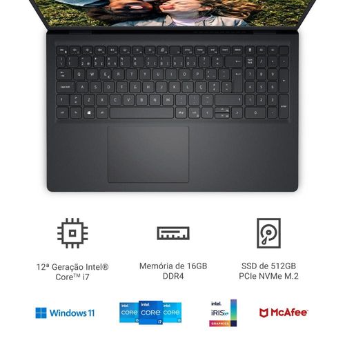 Notebook Dell Inspiron 15 com processador Intel Core i7-1255U de 12ª Geração, 16GB RAM, 512GB SSD, Tela Full HD 15,6” e Windows 11 - i15-i120K-A46P