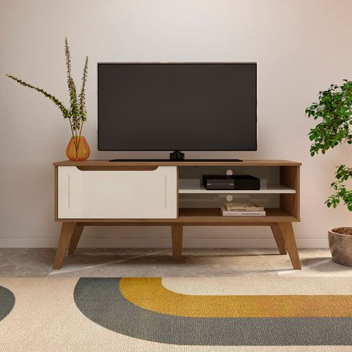 Rack Artely Lotus com 1 Porta e 2 Nichos, 134cm de Largura, Ideal para TV de até 60`` – Cinamomo/ Off White