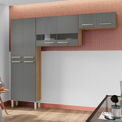 Cozinha Compacta Kit`s Paraná Nala com 8 Portas e 4 Prateleiras - 222cm de largura Freijo/Gris