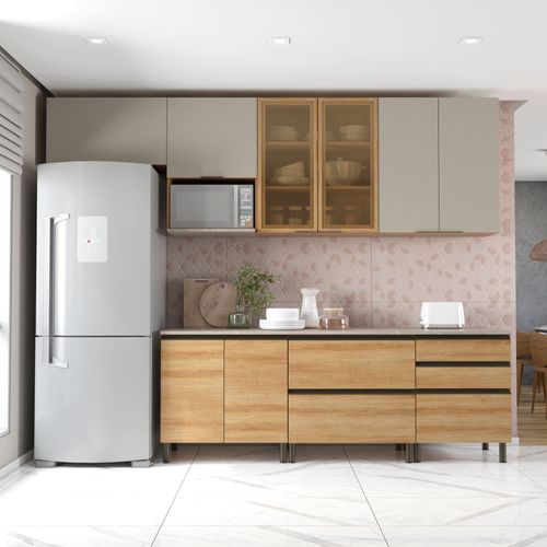 Cozinha Bartira Cristal com 10 Portas, 3 Gavetas, 5 Prateleiras e Nicho para Micro-ondas - 300cm de Largura Lâmina Mel e Nude