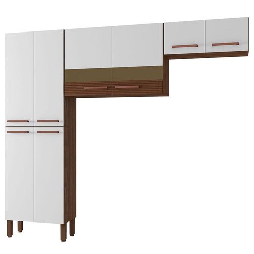 Cozinha Compacta Kit`s Paraná Nala com 8 Portas e 4 Prateleiras - 222cm de largura Nogueira/Off White/Ripado