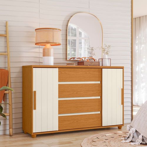 Cômoda Palumoveis Evidenza com 4 Gavetas e 2 Portas – 150cm de Largura Cinamomo/Off White