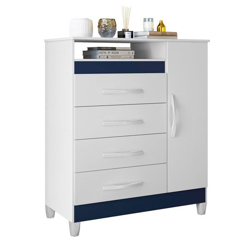 Cômoda Palumoveis Turquesa com 1 Porta e 4 Gavetas – 84cm de Largura Branco/Azul