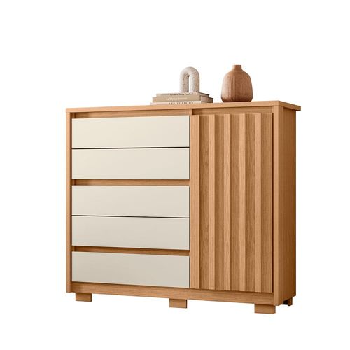 Cômoda Sapateira Palumoveis Duetto com 5 Gavetas e 1 Porta – 125cm de Largura Freijó / Off White