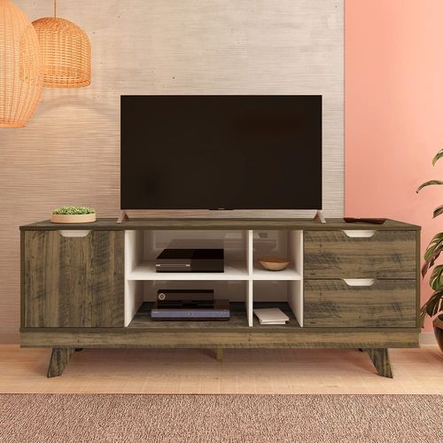 Rack Michigan Artely com 2 gavetas e 4 nichos para TVs de até 65 polegadas Pinho e Off White