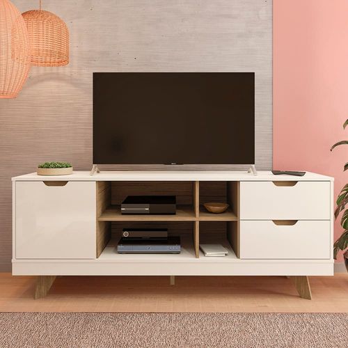 Rack Michigan Artely com 2 gavetas e 4 nichos para TVs de até 65 polegadas Off White e Carvalho