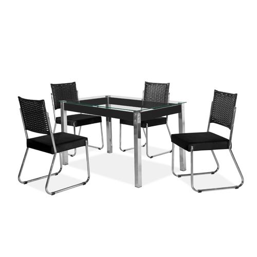 Mesa de Jantar Aço Nobre Cláudia com Tampo Kanon e 4 Cadeiras Preto e Transparente