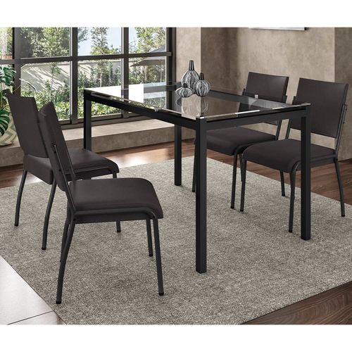 Mesa de Jantar Retangular Fabone Alexa com Tampo de Vidro de 140X80cm com 4 Cadeiras de Jantar Fabone Dora Revestimento em Courino Fosco/Café