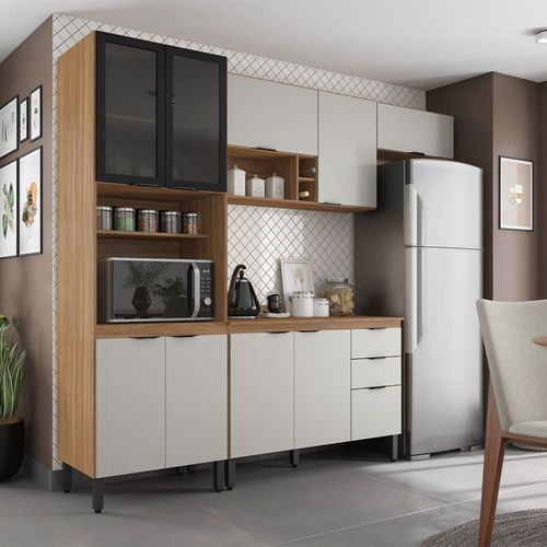 Cozinha Completa Demóbile Firenze com 10 Portas, 2 Gavetas, 7 Prateleiras, 4 Nichos e 260cm de Largura - Amêndoa/Nude Prime TX