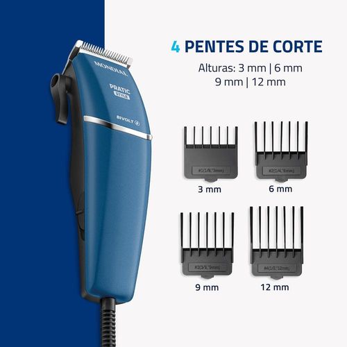 Máquina de Cortar Cabelo Mondial Pratic Style CR-10 com 8 Acessórios, Lâminas em Aço Inox, Bivolt - Azul