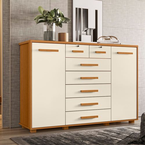 Cômoda Palumoveis Fontana com 7 Gavetas e 2 Portas – 160cm de Largura Cinamomo e Off White