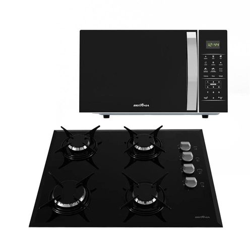 Cooktop a Gás 4 Bocas Britânia Chef Bisote 4 Bivolt – Preto + Micro-Ondas Britânia BMO28 com Função Timer e Descongelar - 25 litros 110V