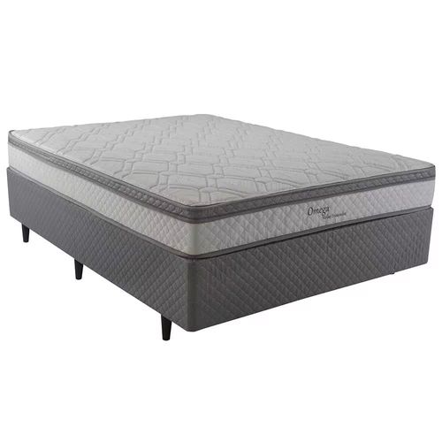 Cama Box Casal Herval Ômega com Pillow Top, Molas Ensacadas 22x138x188cm – Cinza/Branco + Cabeceira Dobue Palladium com 140cm de Largura