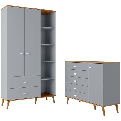 Guarda-Roupa Bartira Ternura com 5 Nichos, 2 Portas, 2 Gavetas + Cômoda Bartira Ternura com 5 Gavetas e 1 Porta Azul Wood