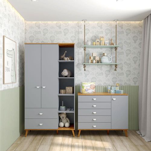 Guarda-Roupa Bartira Ternura com 5 Nichos, 2 Portas, 2 Gavetas + Cômoda Bartira Ternura com 5 Gavetas e 1 Porta Azul Wood