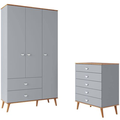 Guarda-Roupa Bartira Ternura com 3 Portas, 2 Gavetas + Cômoda Bartira Ternura com 5 Gavetas Azul Wood