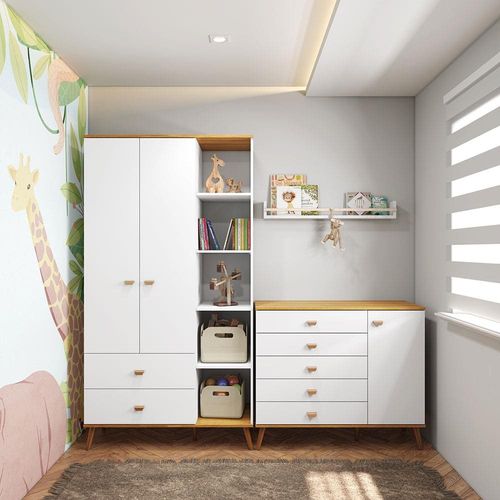 Guarda-Roupa Bartira Ternura com 5 Nichos, 2 Portas, 2 Gavetas + Cômoda Bartira Ternura com 5 Gavetas e 1 Porta Branco Wood