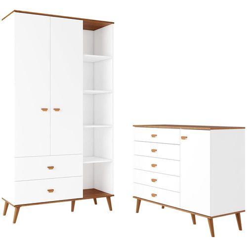 Guarda-Roupa Bartira Ternura com 5 Nichos, 2 Portas, 2 Gavetas + Cômoda Bartira Ternura com 5 Gavetas e 1 Porta Branco Wood