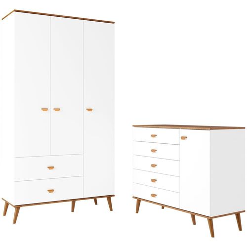 Guarda-Roupa Bartira Ternura com 3 Portas, 2 Gavetas + Cômoda Bartira Ternura com 5 Gavetas e 1 Porta Branco Wood