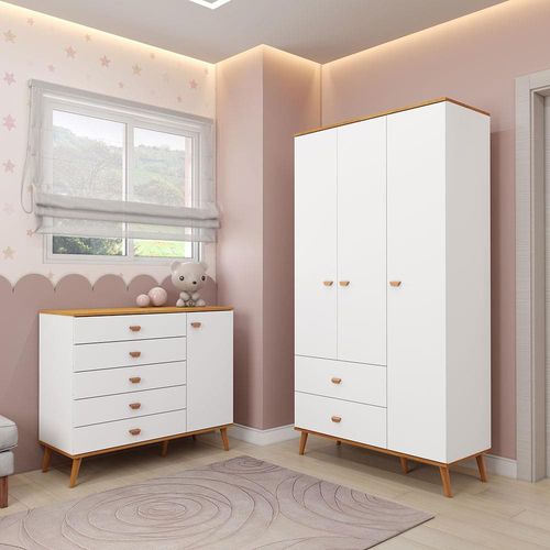 Guarda-Roupa Bartira Ternura com 3 Portas, 2 Gavetas + Cômoda Bartira Ternura com 5 Gavetas e 1 Porta Branco Wood