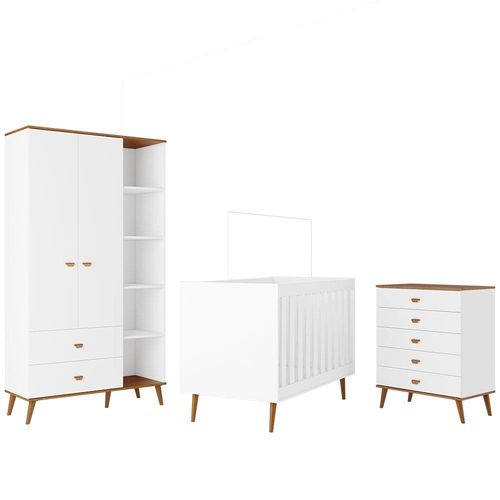 Guarda-Roupa Bartira Ternura com 5 Nichos, 2 Portas, 2 Gavetas + Cômoda Ternura com 5 Gavetas + Berço Móveis Estrela Ternura Branco Wood