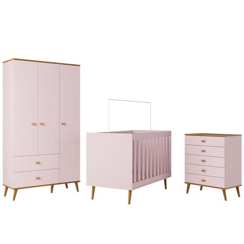 Guarda-Roupa Bartira Ternura com 3 Portas, 2 Gavetas + Cômoda Ternura com 5 Gavetas + Berço Móveis Estrela Ternura Rosa Wood