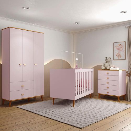 Guarda-Roupa Bartira Ternura com 3 Portas, 2 Gavetas + Cômoda Ternura com 5 Gavetas + Berço Móveis Estrela Ternura Rosa Wood