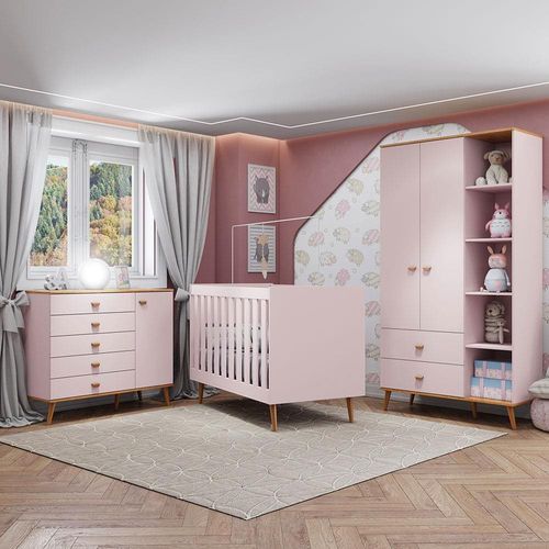 Guarda-Roupa Bartira Ternura com 5 Nichos, 2 Portas, 2 Gavetas + Cômoda Ternura com 5 Gavetas e 1 Porta + Berço Móveis Estrela Ternura Rosa Wood